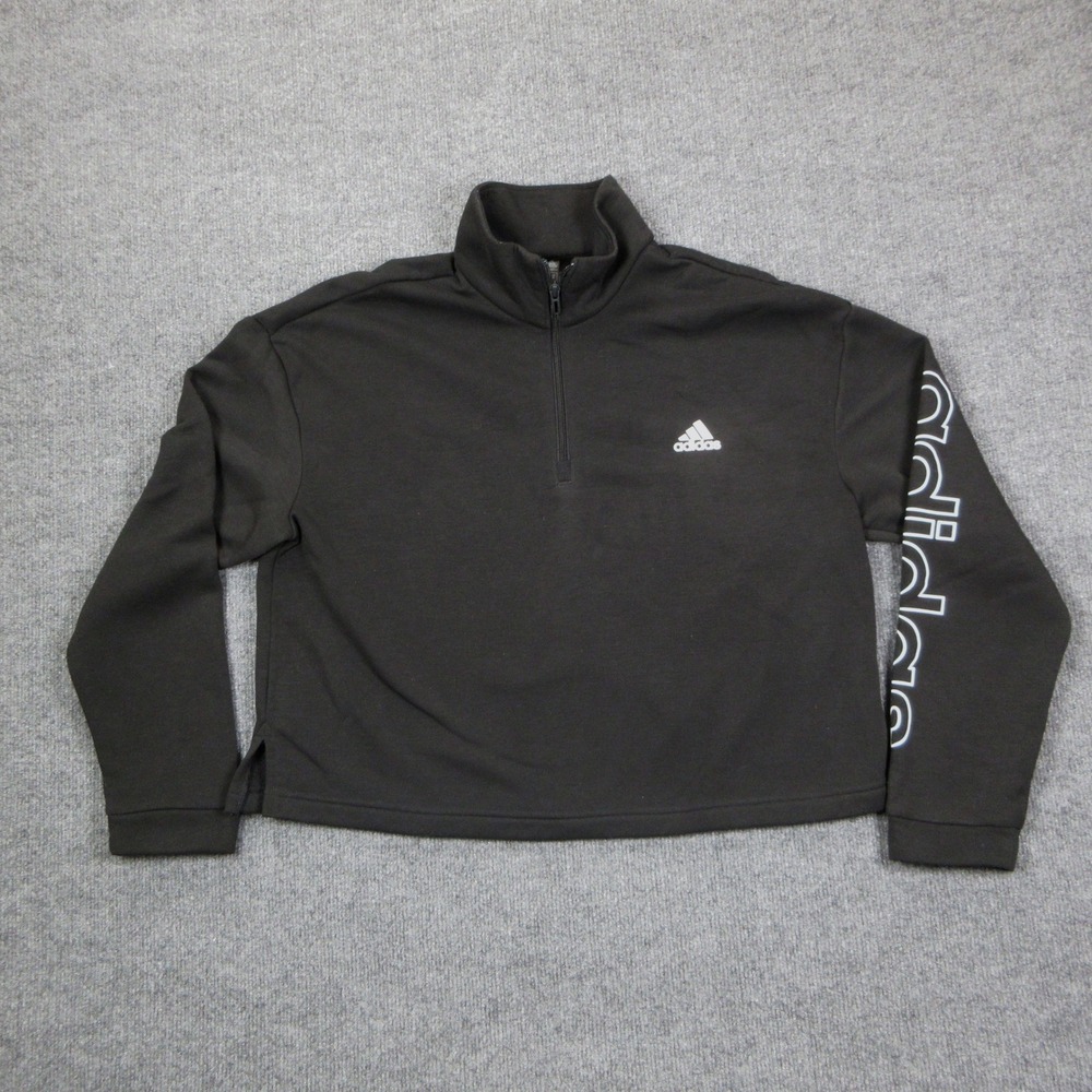 Adidas Sweatshirt Womens XL Black Quarter Zip Pullover Cropped Athleisure